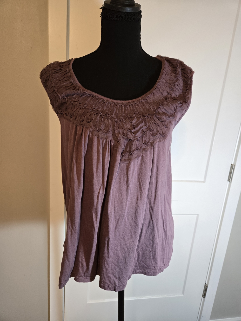 Meadow Rue Anthropologie Plum Mauve Ribbon Ruffle Knit Top M